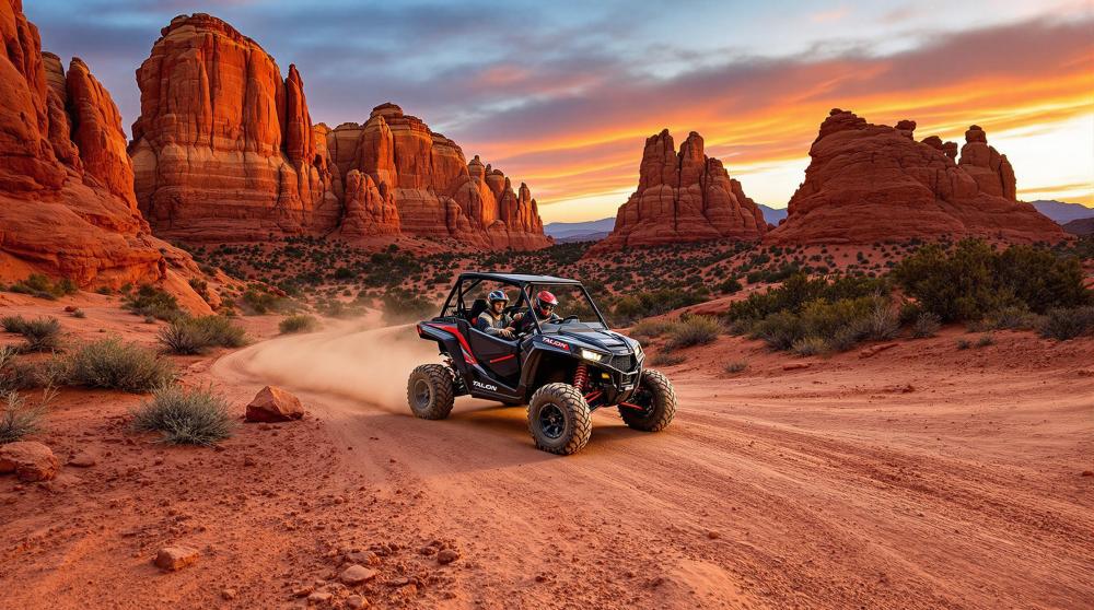 a man riding a utv down a dirt road