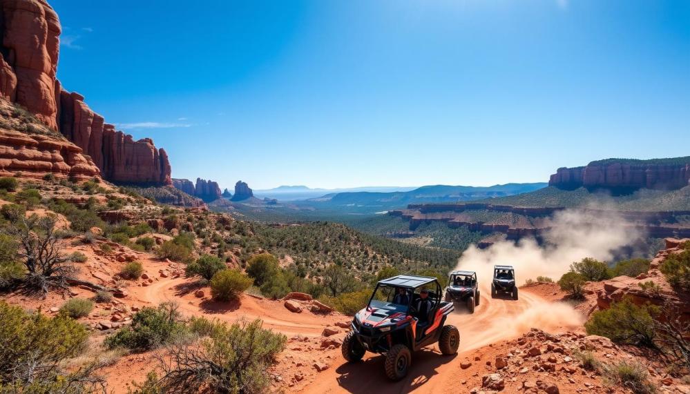 Vibrant red rock formations and lush greenery, rugged UTV trails winding through Sedona's picturesque landscape, bright blue skies overhead, dynamic off-road vehicles navigating rocky paths, stunning panoramic views of the surrounding canyons, warm sunlight casting dramatic shadows, dust clouds rising behind the UTVs.