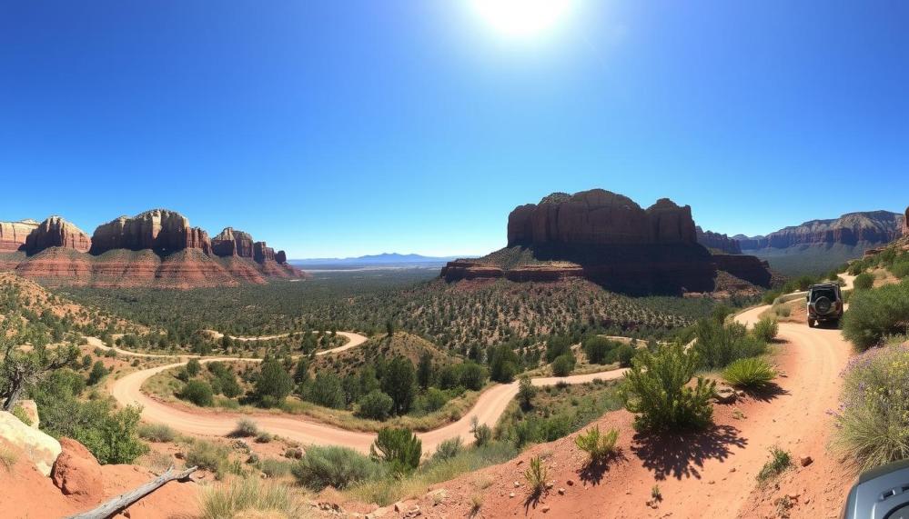 Vibrant red rock formations under a bright blue sky, winding dirt trails surrounded by lush greenery and wildflowers, a panoramic view of Sedona's breathtaking landscape, warm sunlight casting shadows on the rugged terrain, serene and inviting atmosphere for family-friendly off-roading adventures.